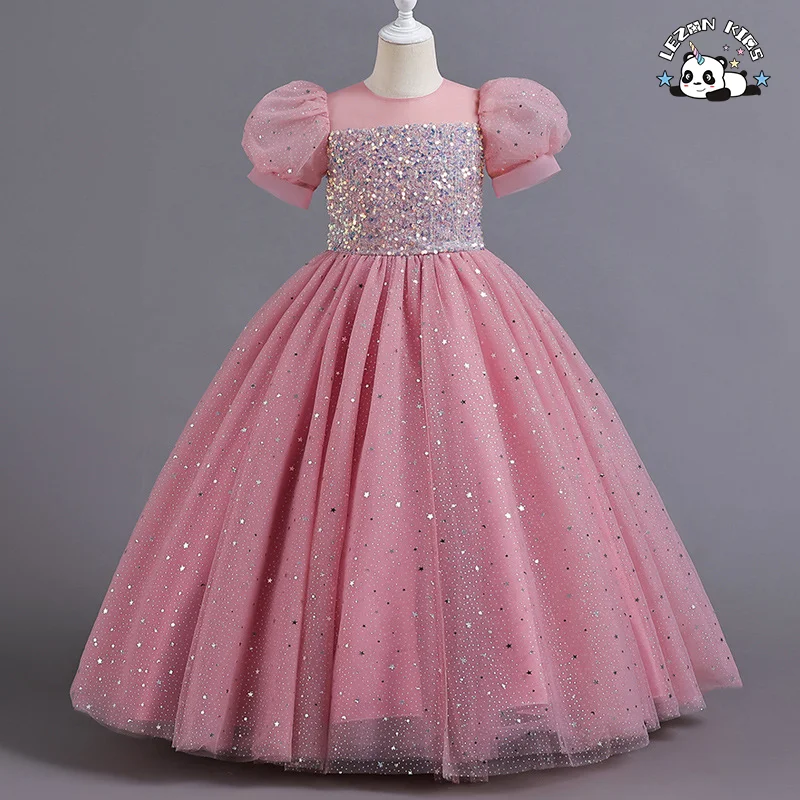 Vestido para Meninas Festa Infantil Longo Tutu Mesh Lantejoulas Princesa Fofo Manga Bufante Tamanho 10 Vestidos de Noiva para Meninas Luxo - Product Image