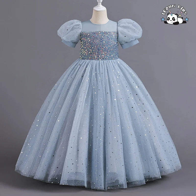 Vestido para Meninas Festa Infantil Longo Tutu Mesh Lantejoulas Princesa Fofo Manga Bufante Tamanho 10 Vestidos de Noiva para Meninas Luxo - Product Image