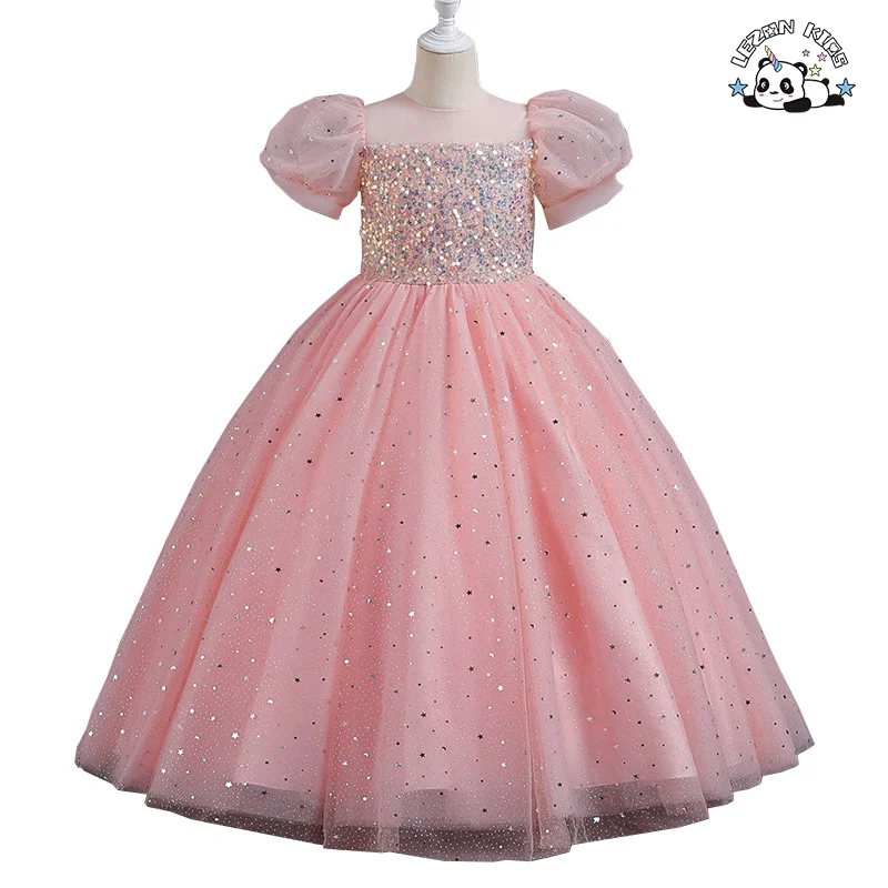 Vestido para Meninas Festa Infantil Longo Tutu Mesh Lantejoulas Princesa Fofo Manga Bufante Tamanho 10 Vestidos de Noiva para Meninas Luxo - Product Image