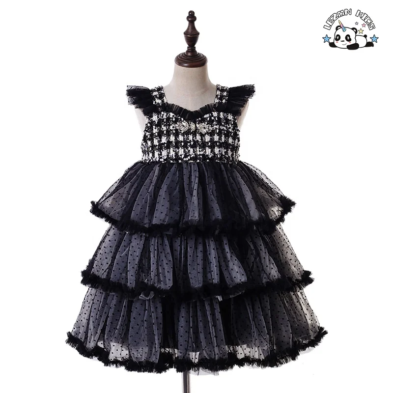 High End Kids Clothing Mesh Layered Girls Party Dress Elegant Tweed Princess Dresses for Girls
