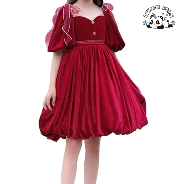Roupa de Criança de Alta Qualidade para Apresentações Vestido de Meninas de Manga Curta de Veludo Dourado para Festa
