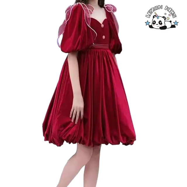 High Quality Children Performance Clothing Gold Velvet Short Sleeve Party Girls Dress for Kids - Product Image