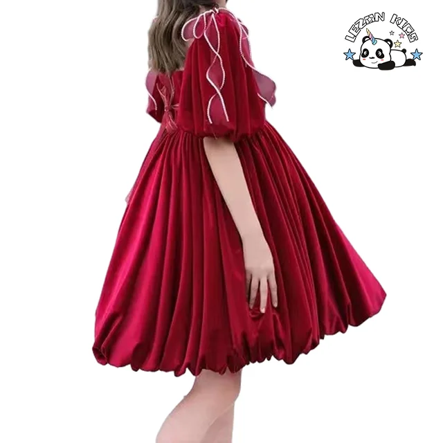 High Quality Children Performance Clothing Gold Velvet Short Sleeve Party Girls Dress for Kids - Product Image