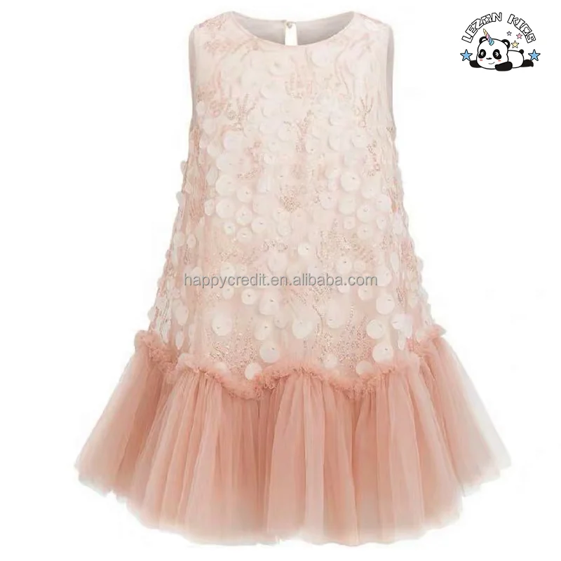 High Quality Custom Sleeveless Birthday Fancy Sequined Girl Tulle Dress Dot Pattern for 2-14 Years for Summer Parties