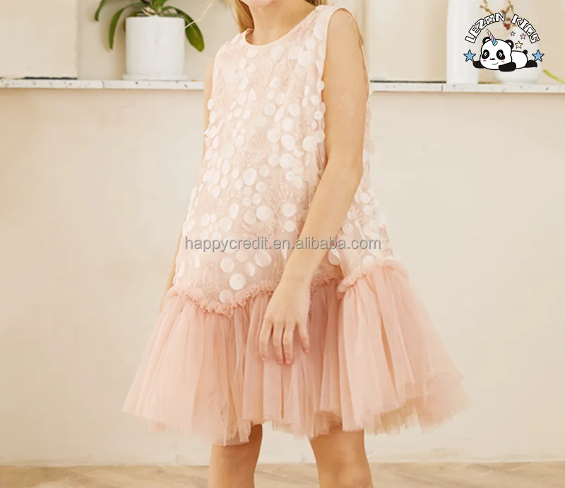 High Quality Custom Sleeveless Birthday Fancy Sequined Girl Tulle Dress Dot Pattern for 2-14 Years for Summer Parties - Product Image