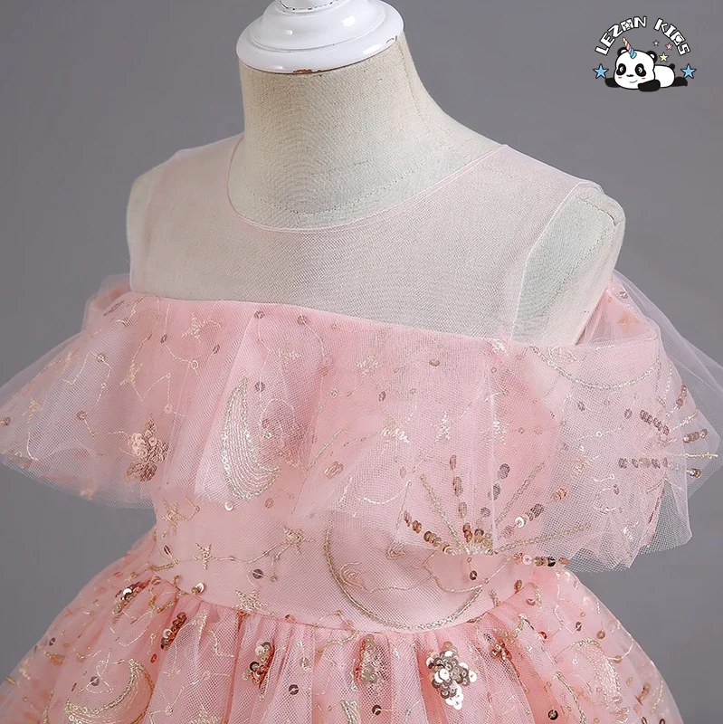 High Quality Flower Girl Dresses New Pink Layered Embroidered Girls Dresses Wedding Princess Dresses - Product Image