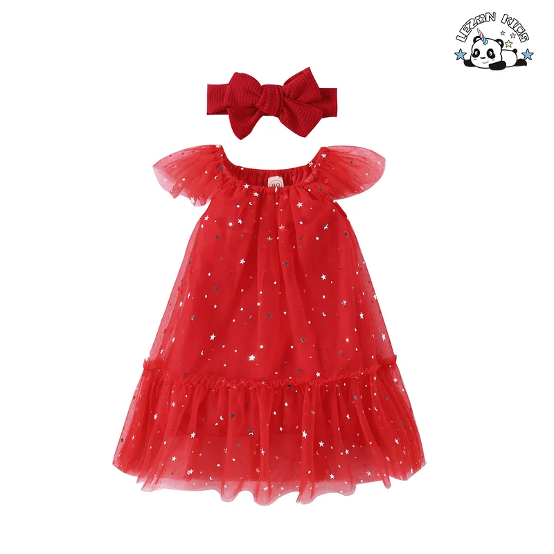 High Quality Flying Sleeves Sequined Red Princess Dresses Tulle Girls Dress for 2-14T Children
