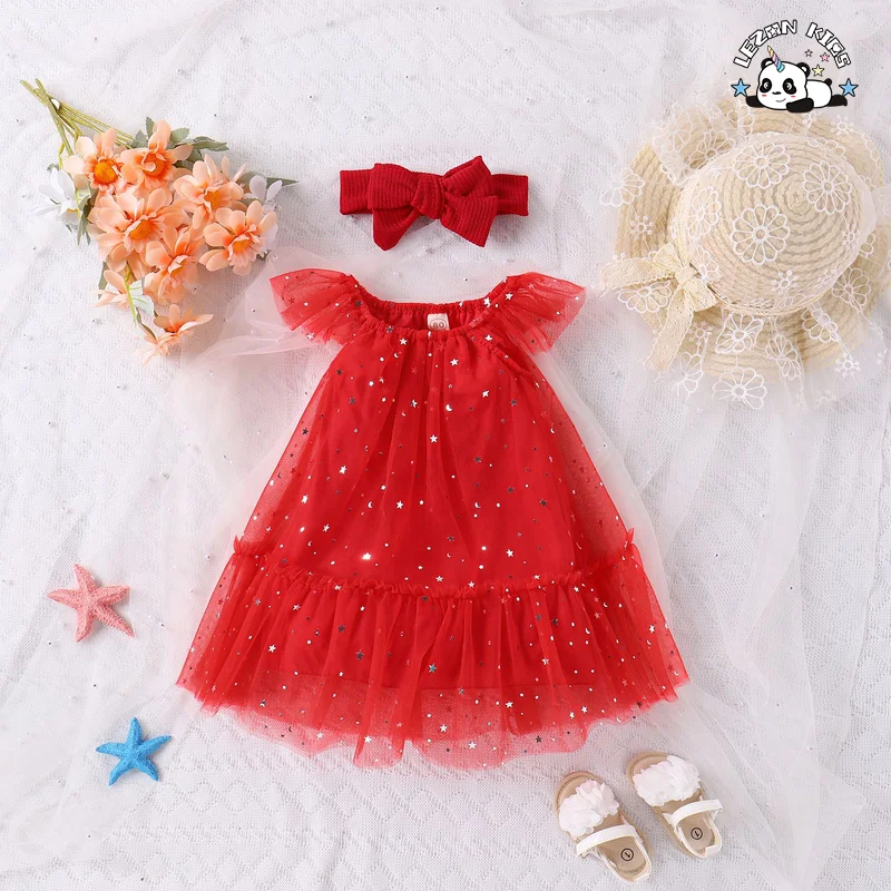 High Quality Flying Sleeves Sequined Red Princess Dresses Tulle Girls Dress for 2-14T Children - Product Image