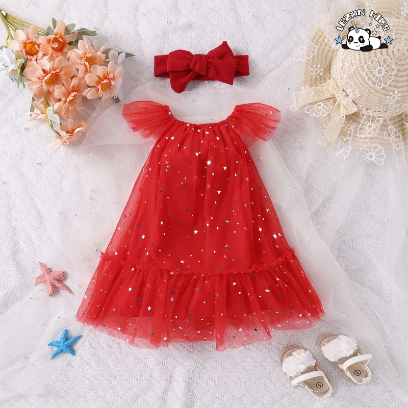High Quality Flying Sleeves Sequined Red Princess Dresses Tulle Girls Dress for 2-14T Children - Product Image
