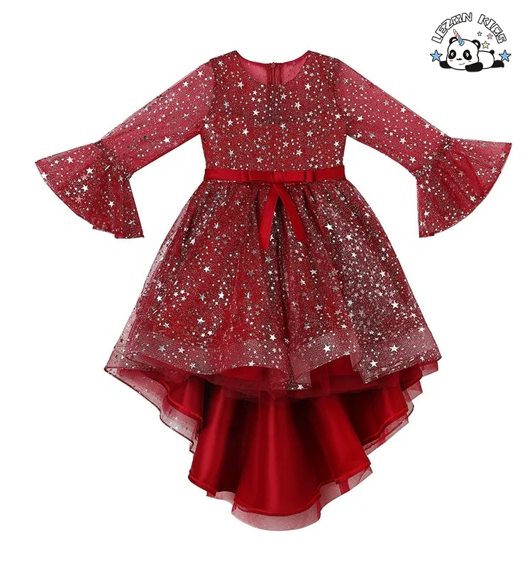 High Quality Kids Fashion Flare Sleeves Flower Girl Dress Sequined Trailer Dress for Wedding Birthday Party
