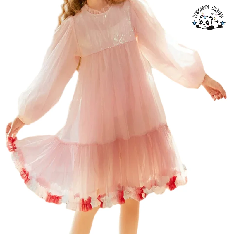 High Quality Kids Sequins Princess Long Sleeve Flower Ball Gown Tulle Dress for 2-12T Kids