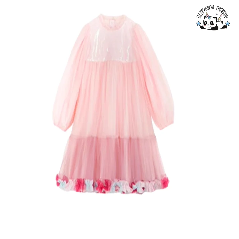 High Quality Kids Sequins Princess Long Sleeve Flower Ball Gown Tulle Dress for 2-12T Kids - Product Image