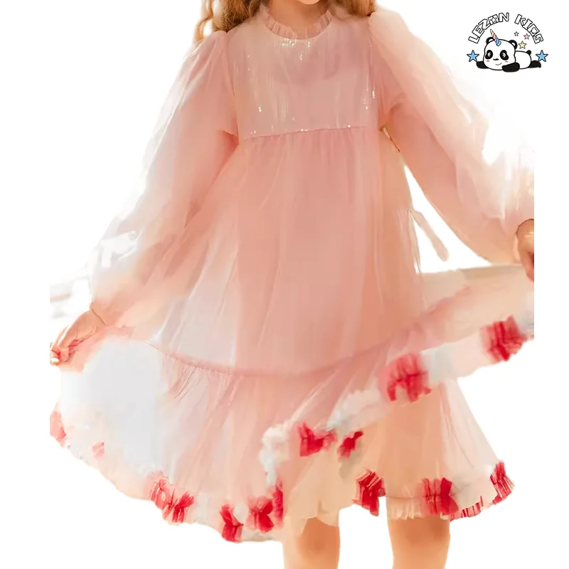 High Quality Kids Sequins Princess Long Sleeve Flower Ball Gown Tulle Dress for 2-12T Kids - Product Image