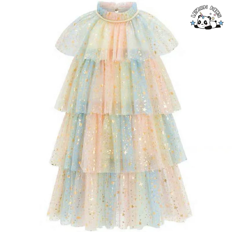 High Quality One-Piece Princess Tutu Dress Girls Foil Printed Stars Casual Vintage Layered Ball Gown Sequined for Parties