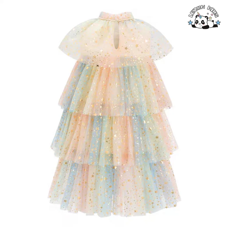 High Quality One-Piece Princess Tutu Dress Girls Foil Printed Stars Casual Vintage Layered Ball Gown Sequined for Parties - Product Image