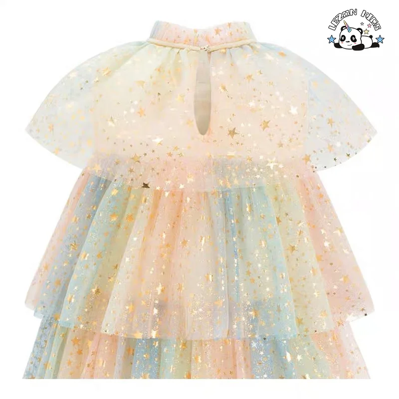 High Quality One-Piece Princess Tutu Dress Girls Foil Printed Stars Casual Vintage Layered Ball Gown Sequined for Parties - Product Image