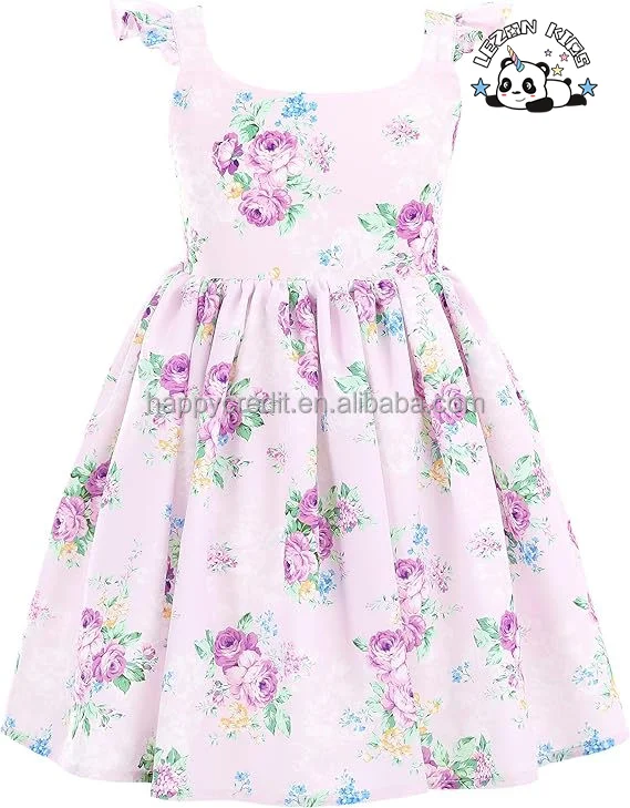 High Quality Summer Floral Ruffle Flutter Sleeve Casual Tie Back Party girls Sundresses