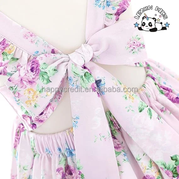 High Quality Summer Floral Ruffle Flutter Sleeve Casual Tie Back Party girls Sundresses - Product Image