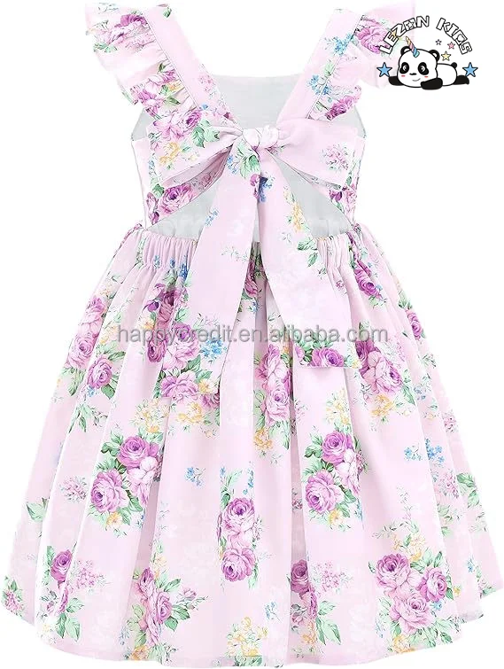 High Quality Summer Floral Ruffle Flutter Sleeve Casual Tie Back Party girls Sundresses - Product Image