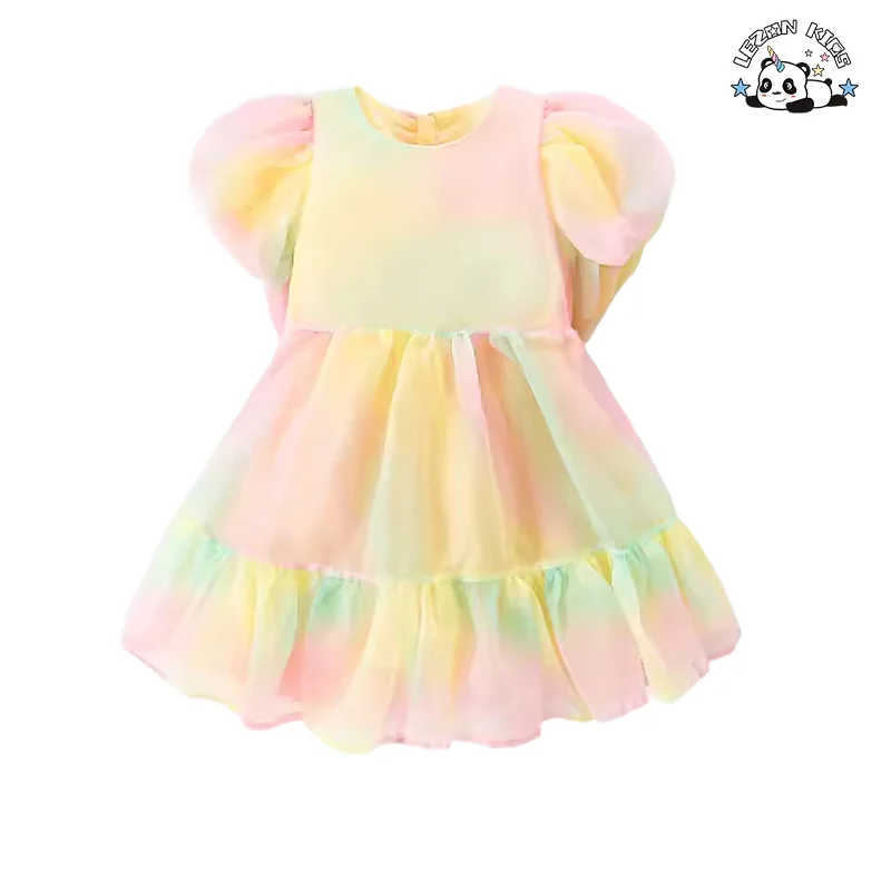High Quality Summer Rimbow Dress Short Puff Sleeve Princess Girls Dress for 2 to 14T