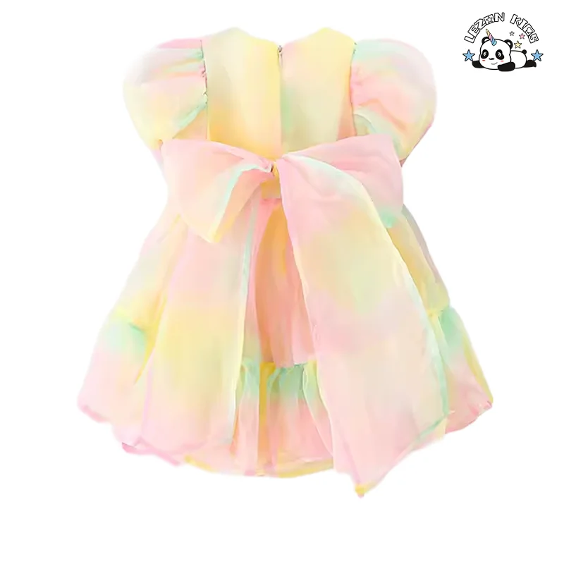 High Quality Summer Rimbow Dress Short Puff Sleeve Princess Girls Dress for 2 to 14T - Product Image