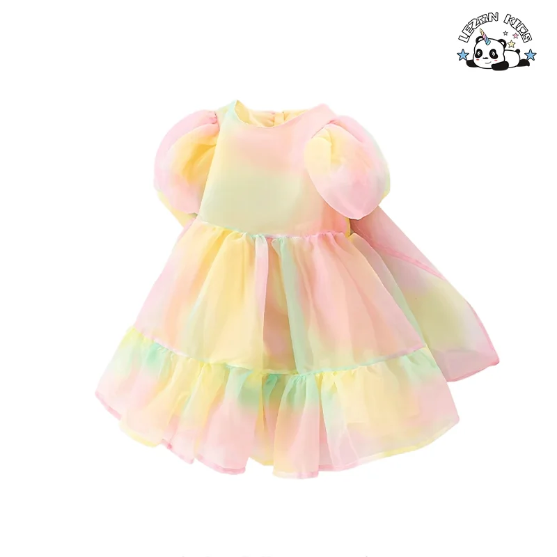 High Quality Summer Rimbow Dress Short Puff Sleeve Princess Girls Dress for 2 to 14T - Product Image