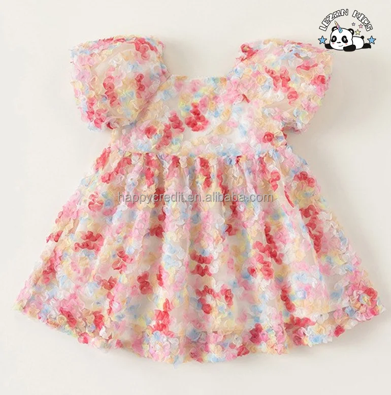 Vestido de tule para meninas com manga bufante doce e estampa floral rosa de alta qualidade para o verão