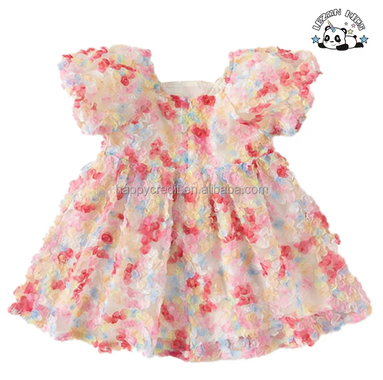 Vestido de tule para meninas com manga bufante doce e estampa floral rosa de alta qualidade para o verão - Product Image