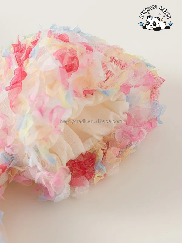 Vestido de tule para meninas com manga bufante doce e estampa floral rosa de alta qualidade para o verão - Product Image