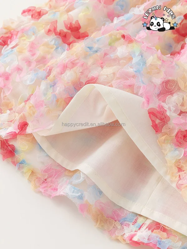 Vestido de tule para meninas com manga bufante doce e estampa floral rosa de alta qualidade para o verão - Product Image