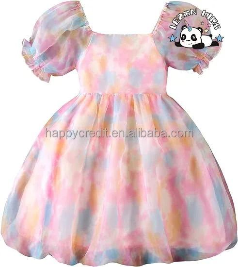 Vestido de Organza para Meninas com Cinto Alto de Manga Curta Bufante e Decote Quadrado de Alta Qualidade