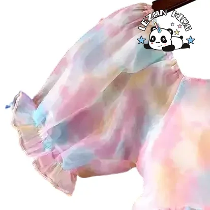 Vestido de Organza para Meninas com Cinto Alto de Manga Curta Bufante e Decote Quadrado de Alta Qualidade - Product Image