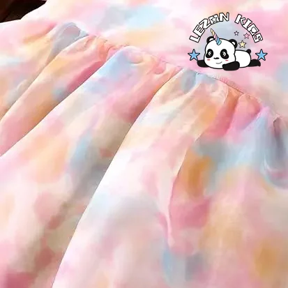 Vestido de Organza para Meninas com Cinto Alto de Manga Curta Bufante e Decote Quadrado de Alta Qualidade - Product Image