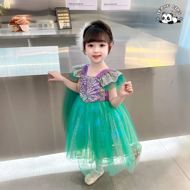 High Quality Wholesale Sequin Mesh Dress Small Flying Sleeves Luminous Birthday Girls Dress - Product Image