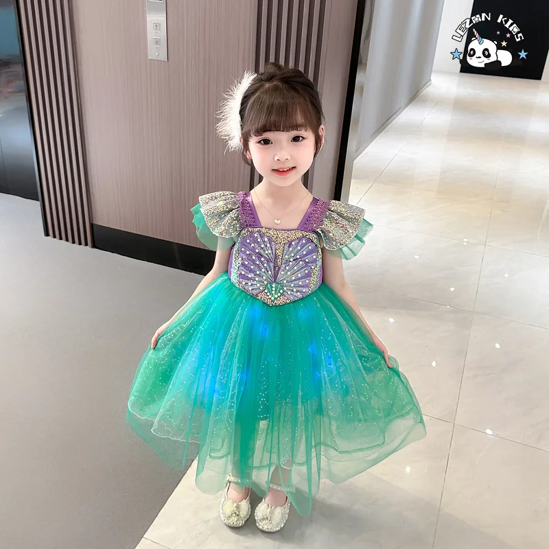 High Quality Wholesale Sequin Mesh Dress Small Flying Sleeves Luminous Birthday Girls Dress - Product Image