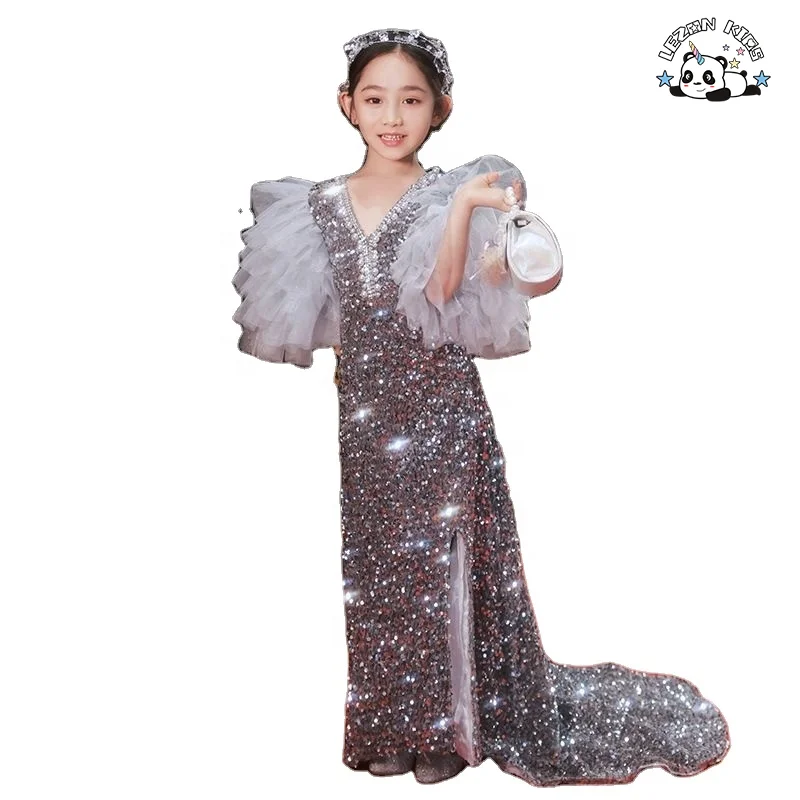 High-end Children's Birthday Evening Dress Mesh Lantern Sleeve Girl Princess Dress Boutique Dresses