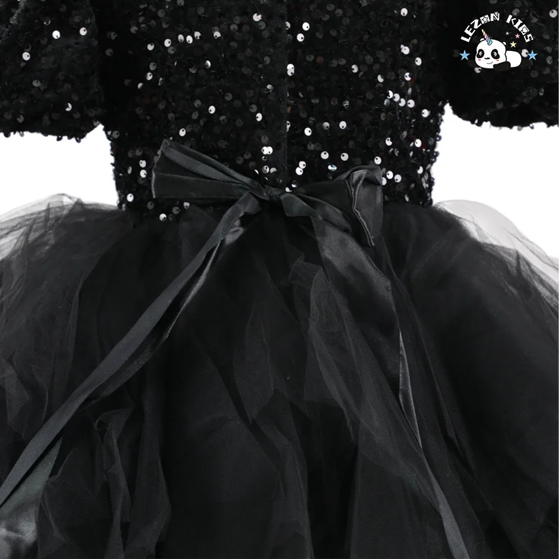 High-end Kid Girls Dress Princess Mesh Trailing Dress Black Sequin Evening Dress for Piano Performance - Product Image