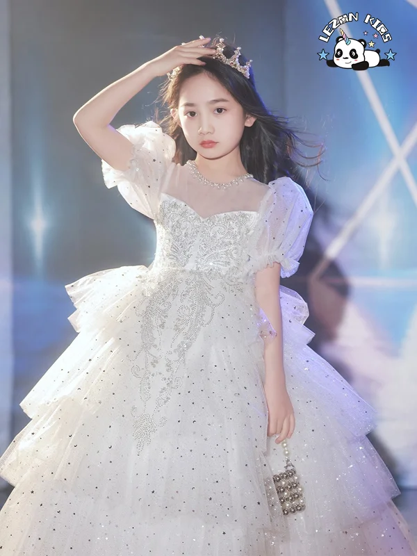 High-end White Sequined Puffy Mesh Dress Girls Princess Dress for Evening Birthday Party - Product Image