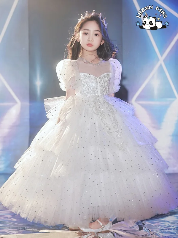 High-end White Sequined Puffy Mesh Dress Girls Princess Dress for Evening Birthday Party - Product Image