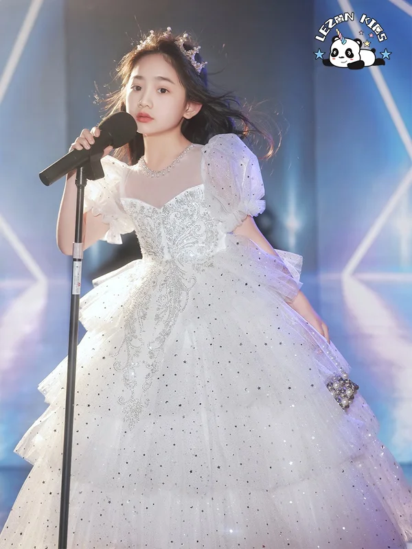 High-end White Sequined Puffy Mesh Dress Girls Princess Dress for Evening Birthday Party - Product Image