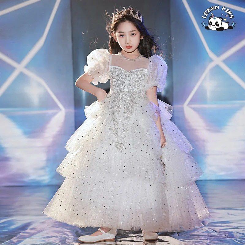 High-end White Sequined Puffy Mesh Dress Girls Princess Dress for Evening Birthday Party - Product Image
