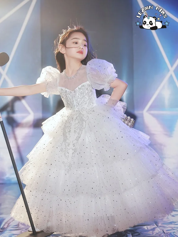 High-end White Sequined Puffy Mesh Dress Girls Princess Dress for Evening Birthday Party - Product Image