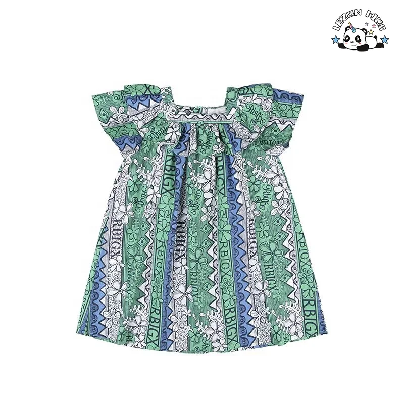 Holiday Style Floral Printed Kid Girls' Dress  Summer Ruffled Flare Sleeved Cotton Dress for Girls