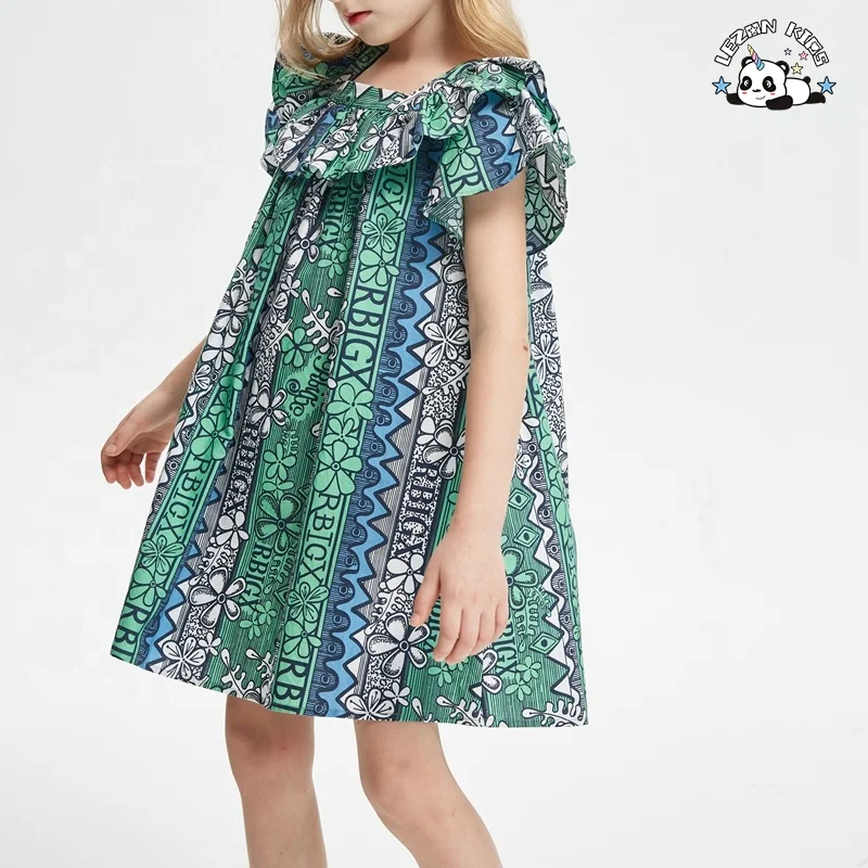 Holiday Style Floral Printed Kid Girls' Dress Summer Ruffled Flare Sleeved Cotton Dress for Girls - Product Image