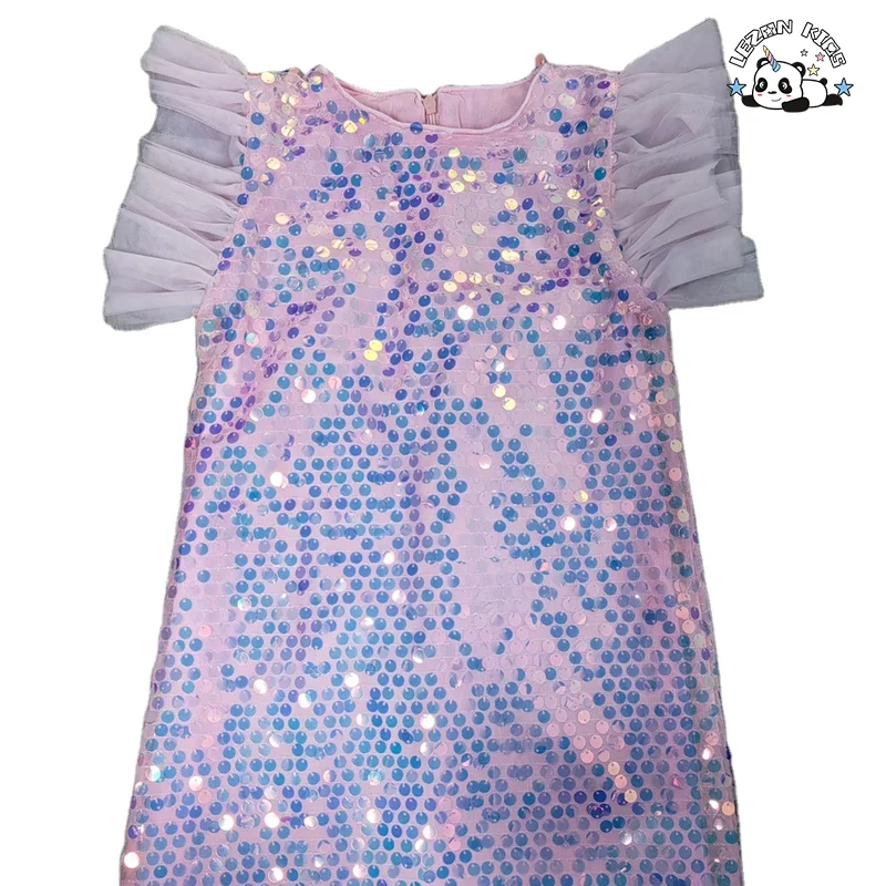Hot Pink Ruffle Tulle Sleeves Dress Girls Performance Festival Costume Sequin Dresses