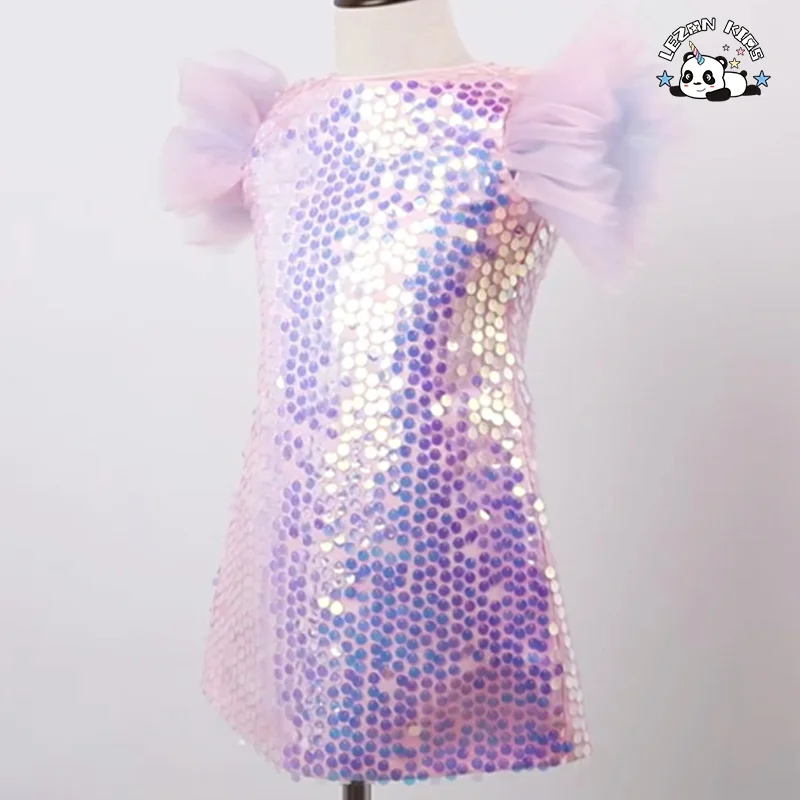 Hot Pink Ruffle Tulle Sleeves Dress Girls Performance Festival Costume Sequin Dresses - Product Image