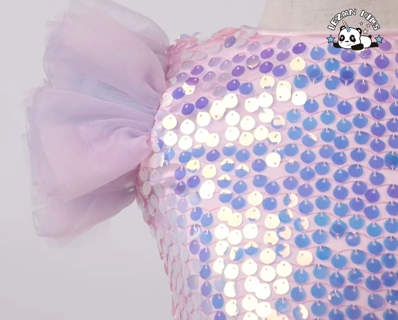 Hot Pink Ruffle Tulle Sleeves Dress Girls Performance Festival Costume Sequin Dresses - Product Image