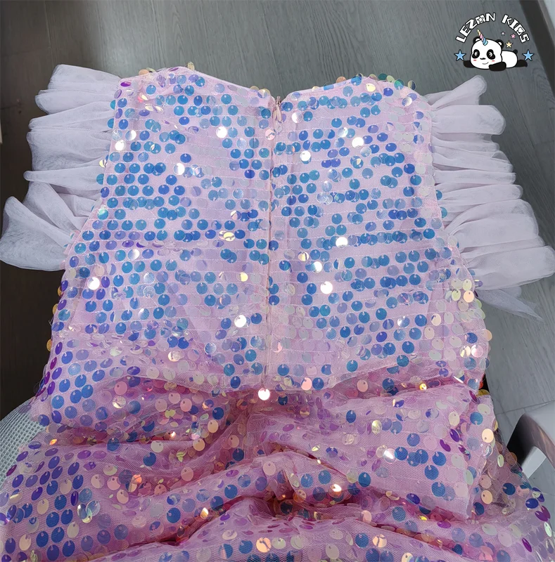 Hot Pink Ruffle Tulle Sleeves Dress Girls Performance Festival Costume Sequin Dresses - Product Image