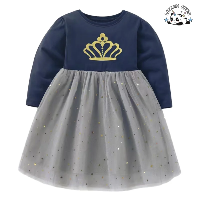 Hot Sale Long Sleeves Foil Gold Silver Tulle Rompers Toddler Girls Dresses for Kids