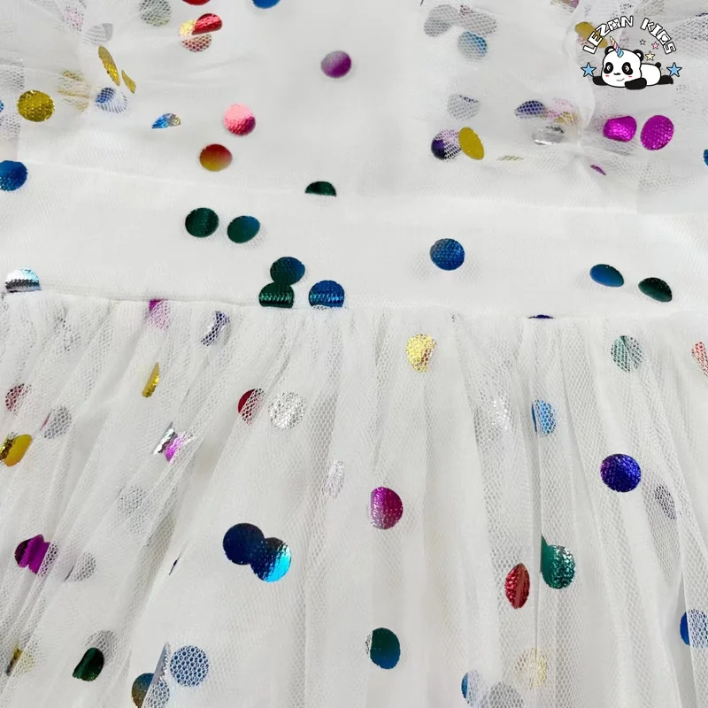 Venda Quente Vestidos de Tule de Alta Qualidade com Estampa de Folha de Arco-Íris e Manga Rúfol para Crianças Meninas - Product Image